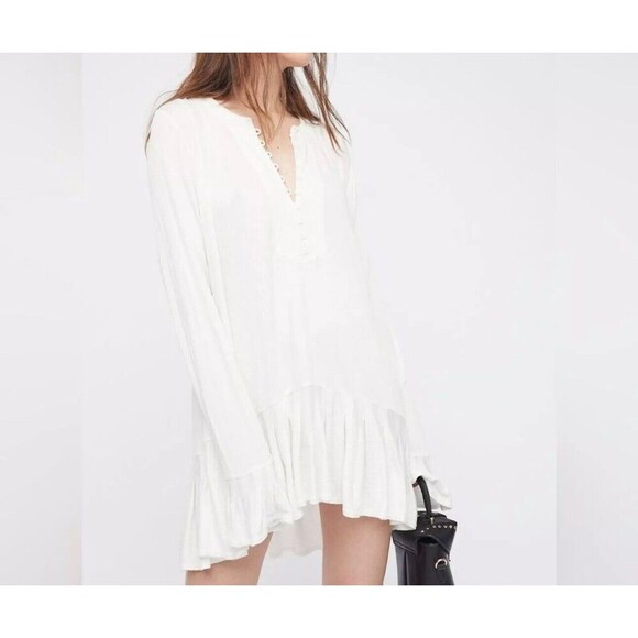 Free People Your Girl Tunic Dress Women XS White Ruffle Hi-Low Lagenlook Boho - Picture 7 of 7